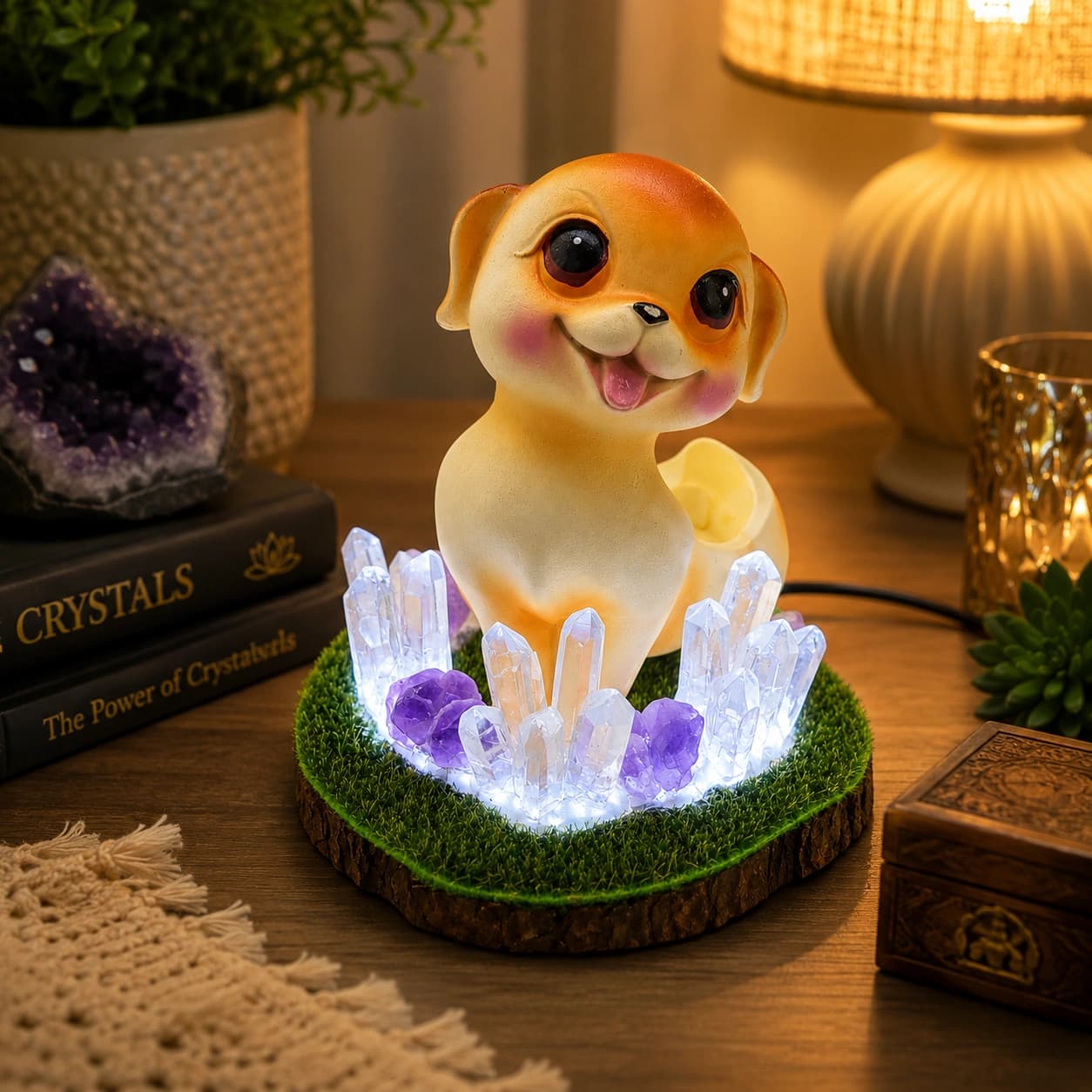 StoneMart Crystal Puppy Glow LED Decorative Lamp, Cute Dog Figurine with Natural Clear Quartz & Amethyst on Grass Base (11.3 cm)