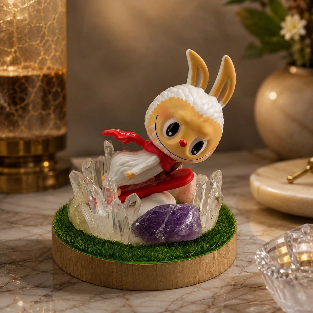 Crystal Snowboard Creature LED Decorative Lamp, White Bunny-Costume Figurine on a Love Snowboard with Natural Amethyst & Clear Quartz on Grass Base (11.2 cm) 1