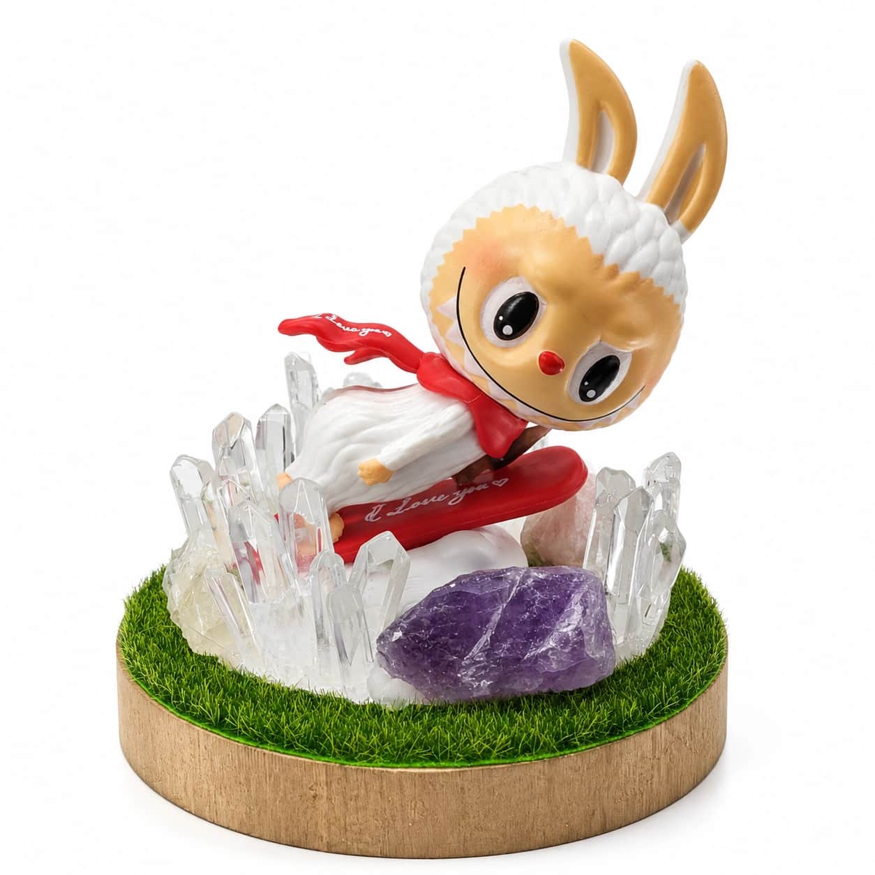 Crystal Snowboard Creature LED Decorative Lamp, White Bunny-Costume Figurine on a Love Snowboard with Natural Amethyst & Clear Quartz on Grass Base (11.2 cm) 2