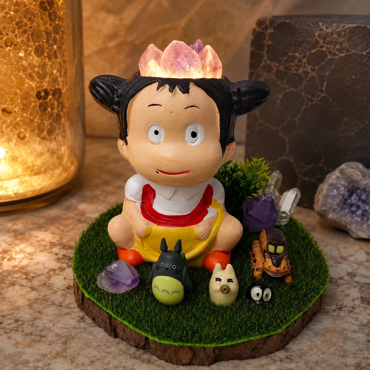 StoneMart Crystal Woodland Child LED Decorative Lamp, Anime-Style Child Figurine with Forest Creatures & Natural Amethyst & Clear Quartz on Grass Base (11.7 cm)