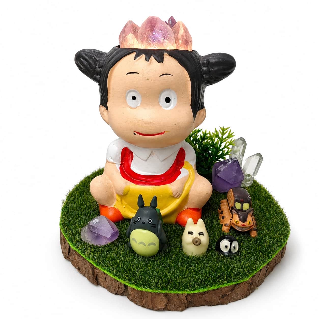 StoneMart Crystal Woodland Child LED Decorative Lamp, Anime-Style Child Figurine with Forest Creatures & Natural Amethyst & Clear Quartz on Grass Base (11.7 cm) 2