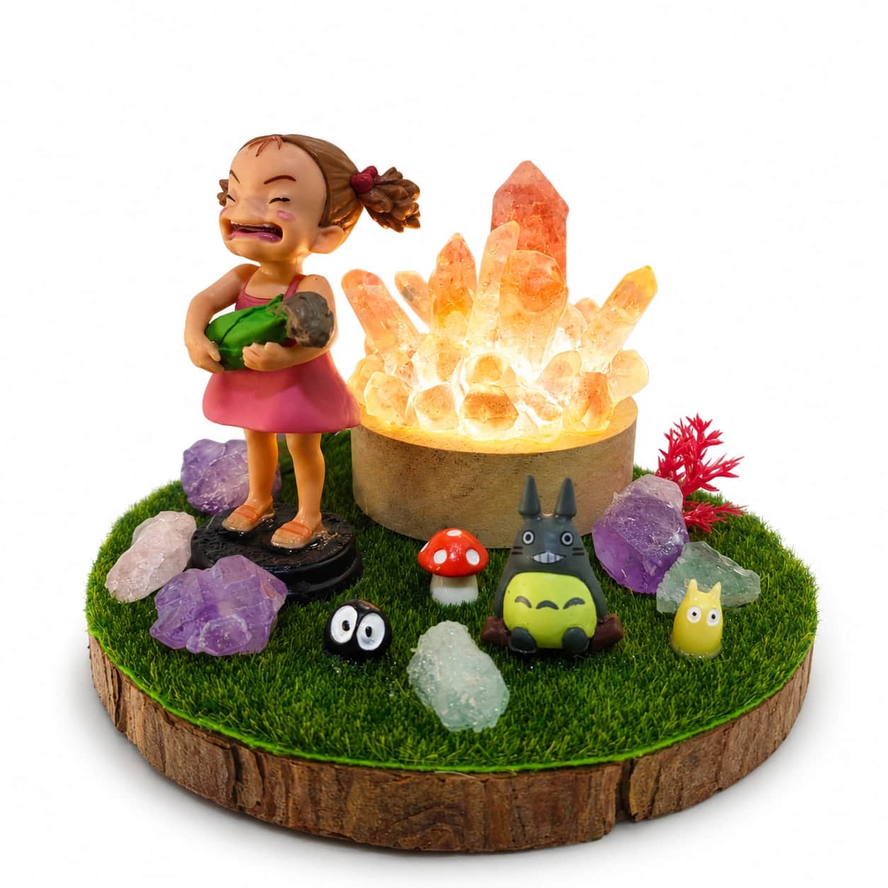 StoneMart Crystal Woodland Friends LED Decorative Lamp, Anime-Style Girl Figurine with Forest Creatures & Natural Rose Quartz, Amethyst & Clear Quartz on Grass Base (9.2 cm) 2