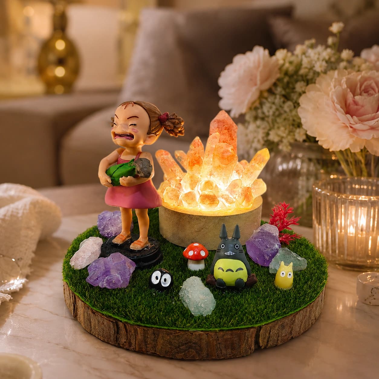 StoneMart Crystal Woodland Friends LED Decorative Lamp, Anime-Style Girl Figurine with Forest Creatures & Natural Rose Quartz, Amethyst & Clear Quartz on Grass Base (9.2 cm)