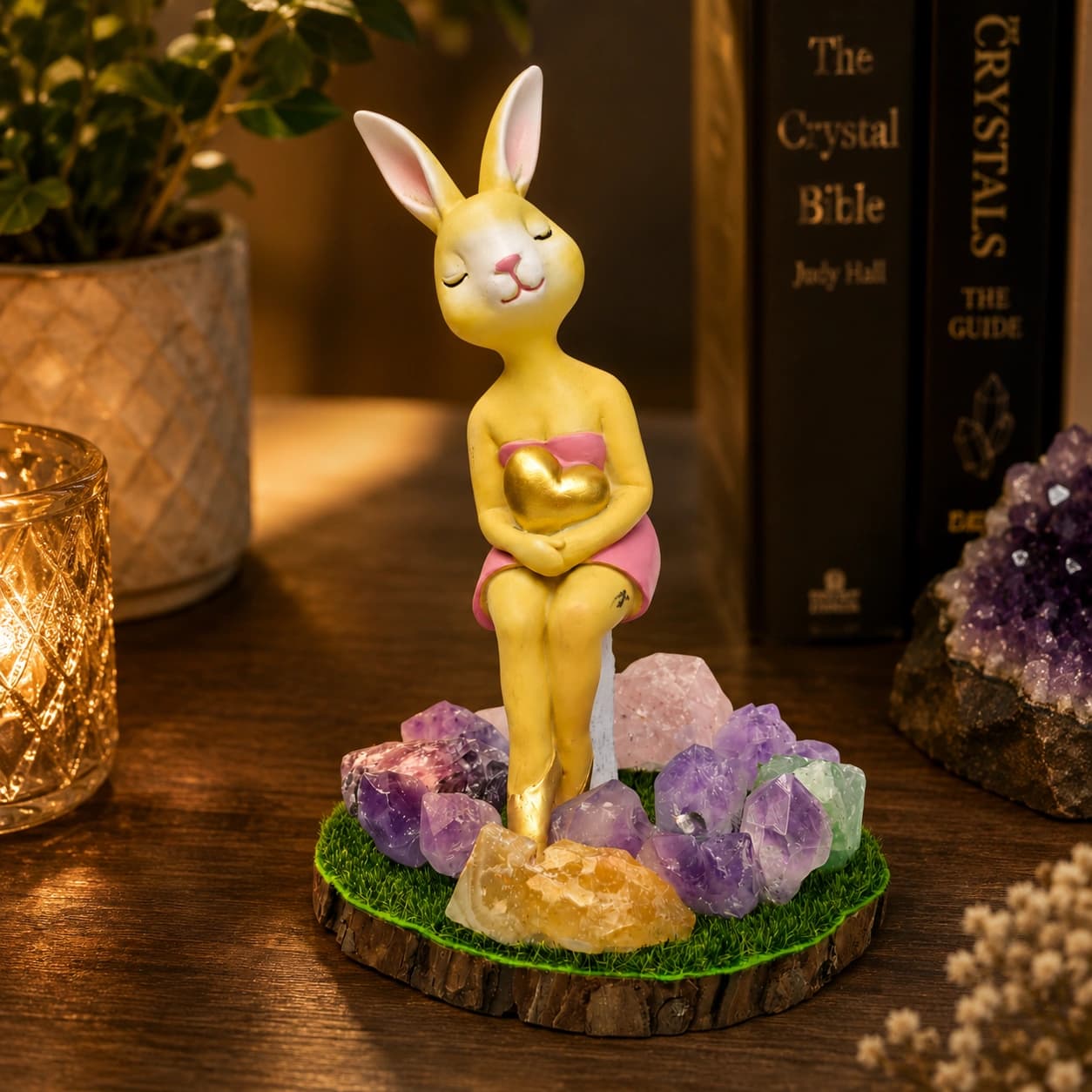 Bunny Crystal LED Decorative Lamp, Elegant Rabbit Figurine with Golden Heart and Natural Amethyst, Fluorite, Citrine & Rose Quartz on Grass Base (19 cm)