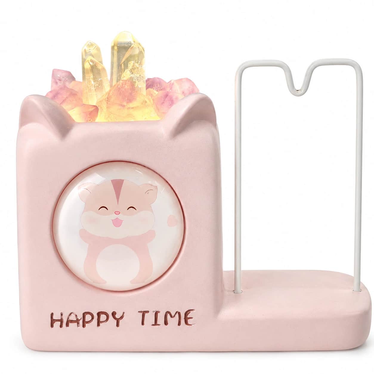 StoneMart Happy Time Crystal LED Lamp & Phone Stand, Pink Ceramic Hamster Desk Lamp with Natural Clear Quartz & Rose Quartz (10.2 cm) 2