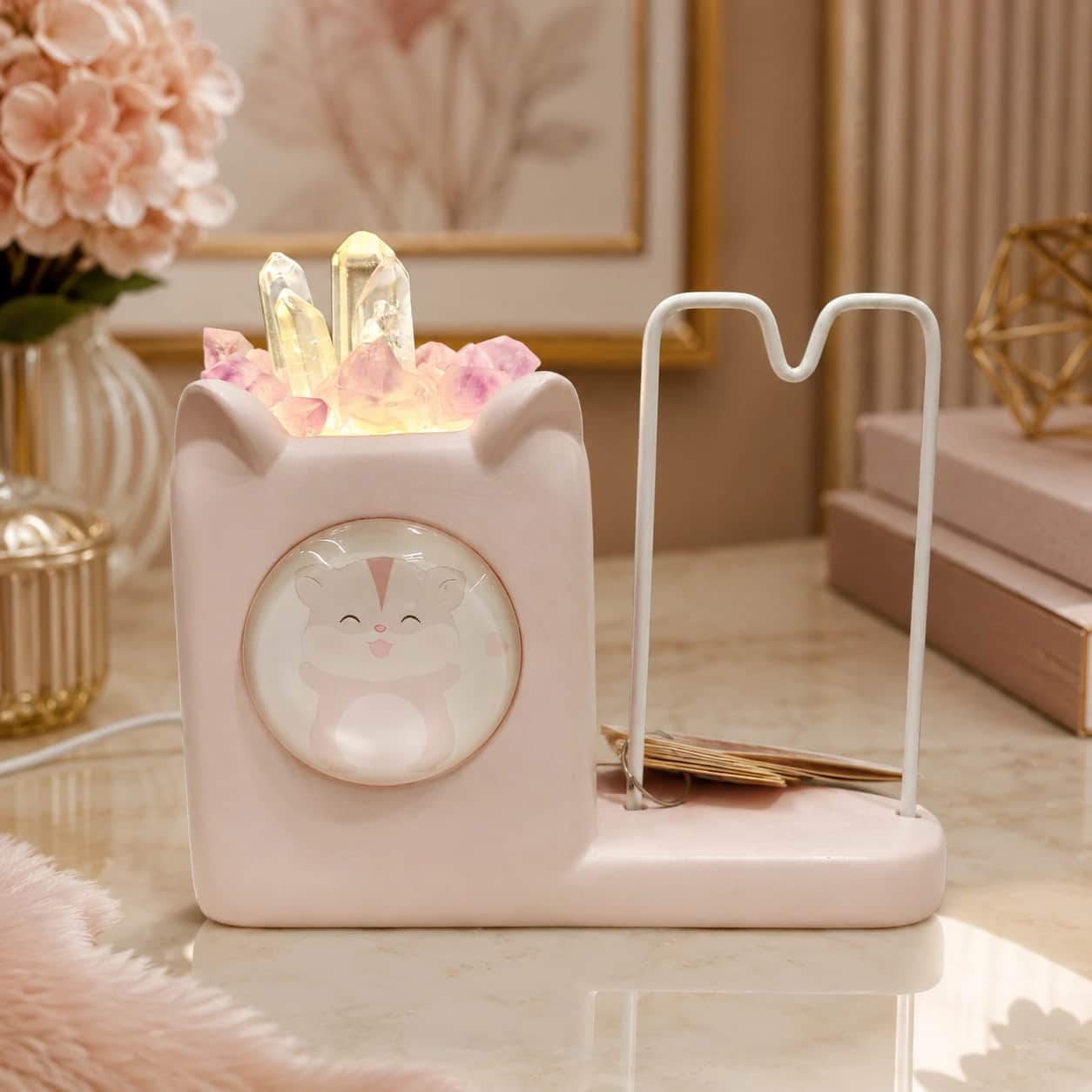 StoneMart Happy Time Crystal LED Lamp & Phone Stand, Pink Ceramic Hamster Desk Lamp with Natural Clear Quartz & Rose Quartz (10.2 cm) 1