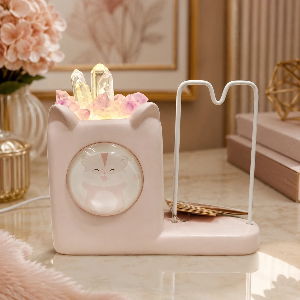 StoneMart Happy Time Crystal LED Lamp & Phone Stand, Pink Ceramic Hamster Desk Lamp with Natural Clear Quartz & Rose Quartz (10.2 cm)