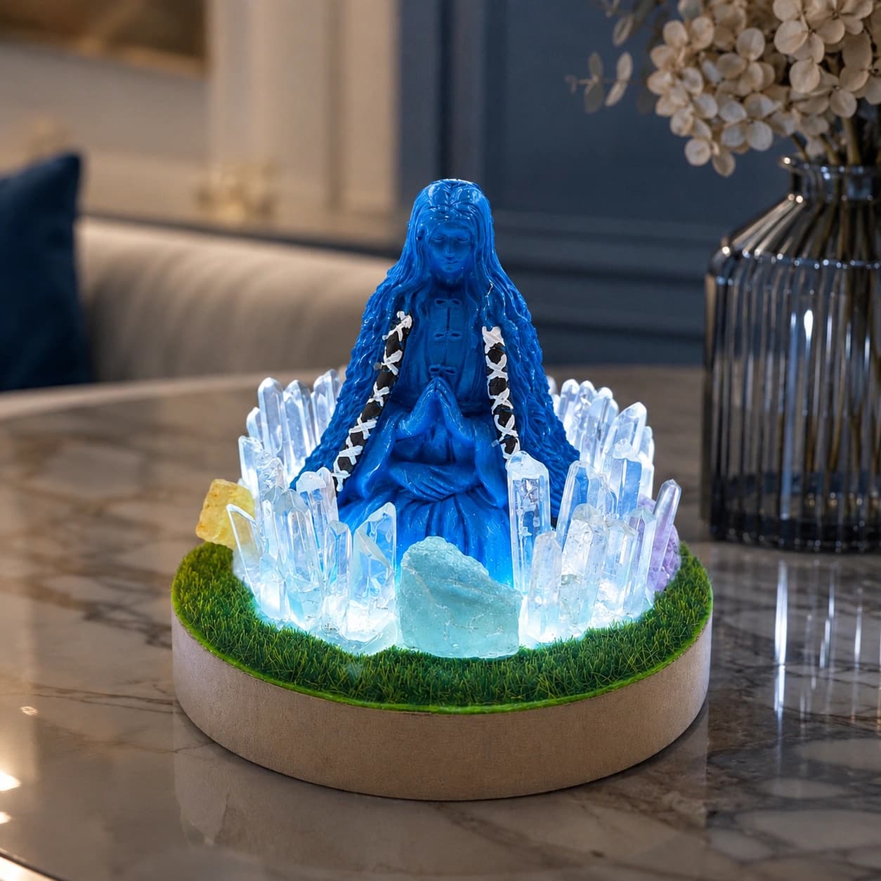 StoneMart Meditating Goddess Crystal LED Decorative Lamp, Serene Praying Figurine with Natural Clear Quartz, Blue Fluorite, Citrine & Amethyst on Grass Base (19.8 cm)