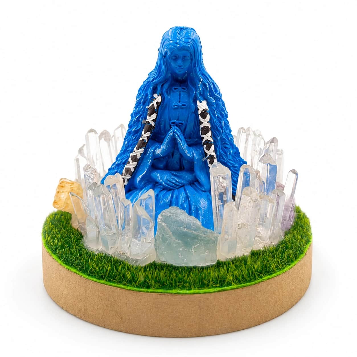 StoneMart Meditating Goddess Crystal LED Decorative Lamp, Serene Praying Figurine with Natural Clear Quartz, Blue Fluorite, Citrine & Amethyst on Grass Base (19.8 cm) 2