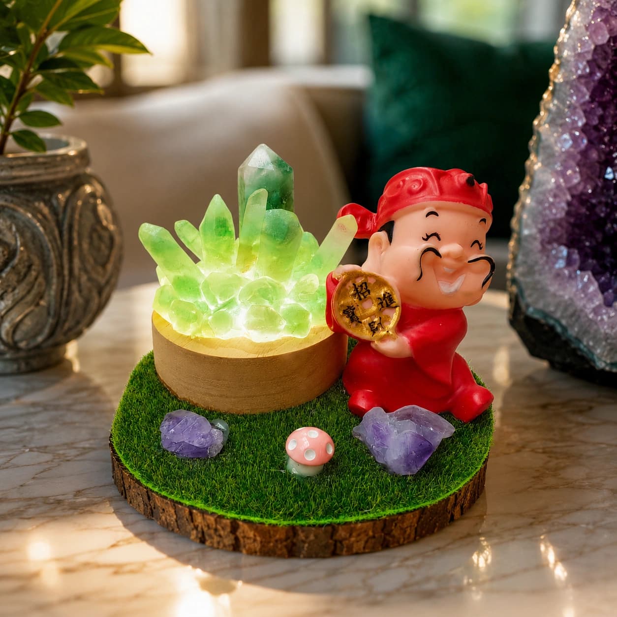 StoneMart Prosperity Fortune Crystal LED Decorative Lamp, Lucky Wealth Figurine with Natural Green Fluorite & Amethyst on Grass Base (8.8 cm)