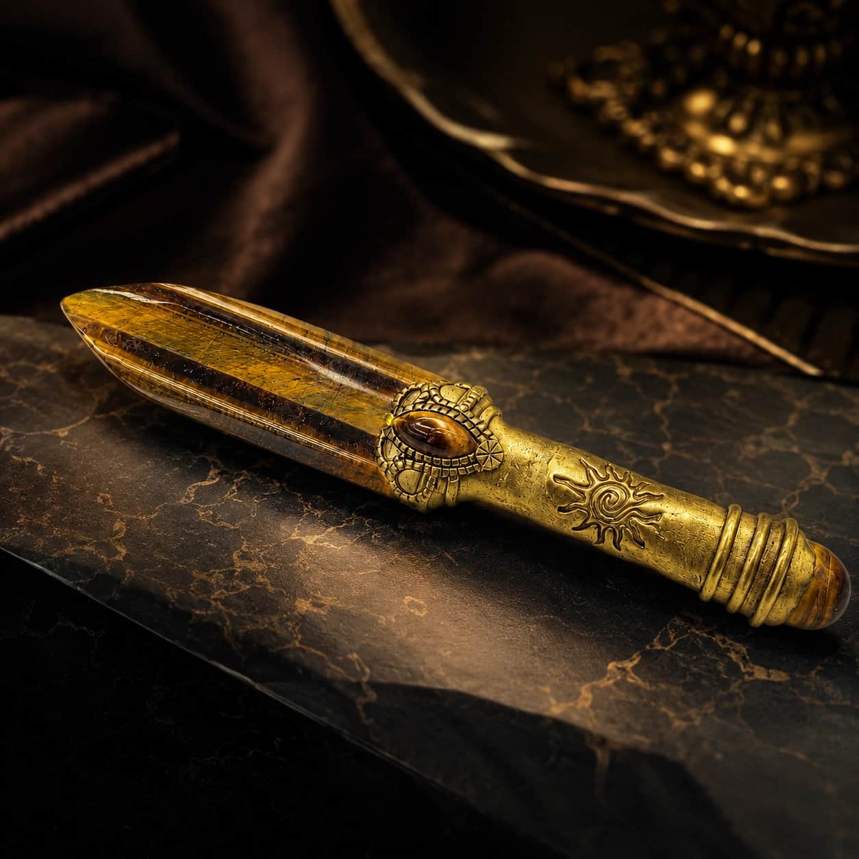 Tiger Eye Ceremonial Dagger Decorative Crystal Stone Knife with Antique Gold Finish 1