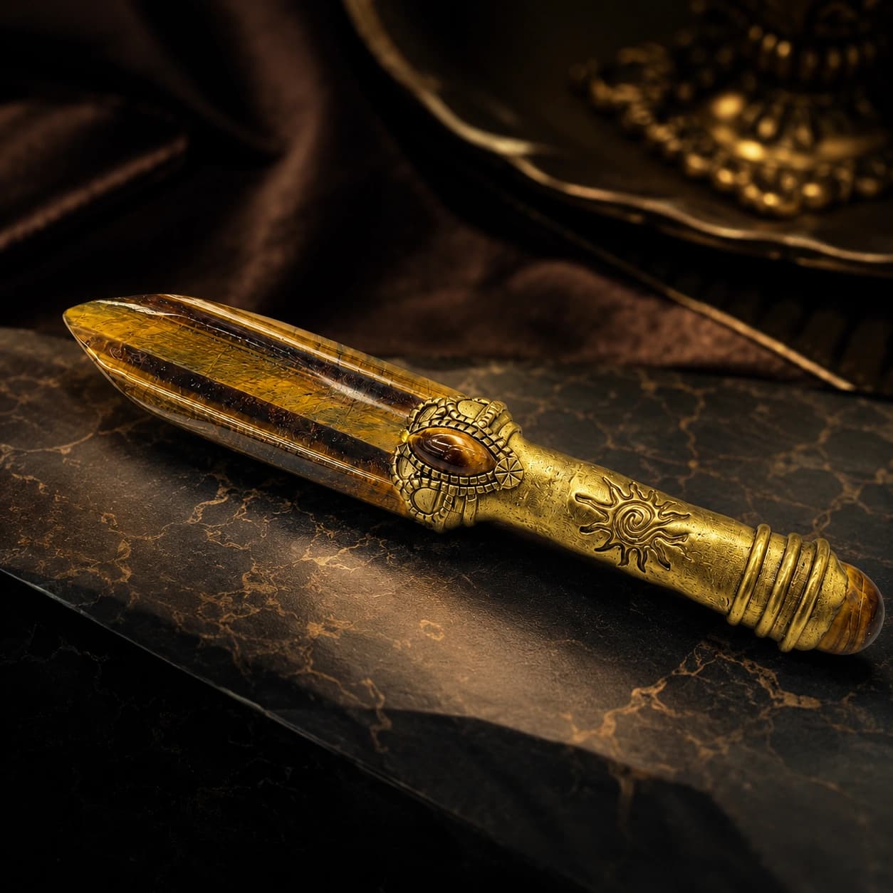 Tiger Eye Ceremonial Dagger Decorative Crystal Stone Knife with Antique Gold Finish