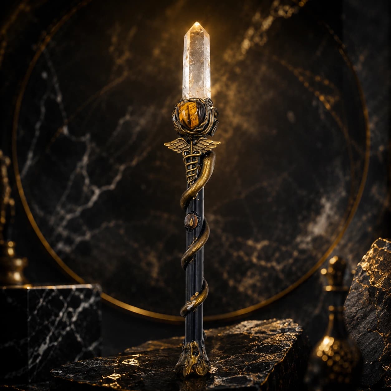 Tiger Eye Crystal Decor Wand | Caduceus Serpent Staff with Clear Quartz Point | Antique Gold Handcrafted Gemstone Wand