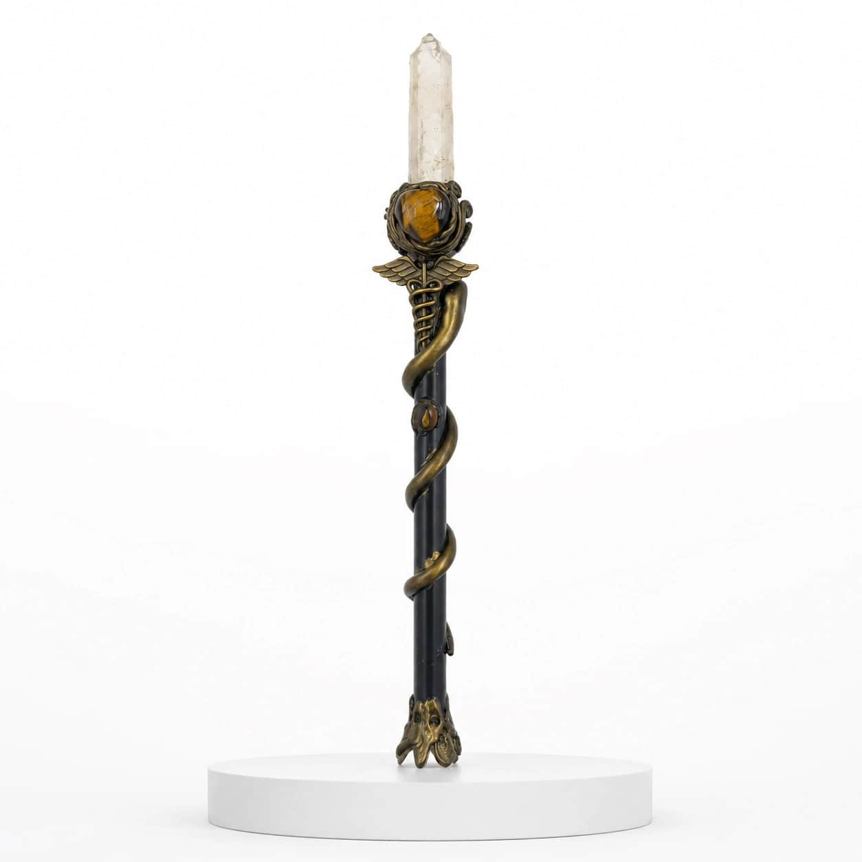 Tiger Eye Crystal Decor Wand | Caduceus Serpent Staff with Clear Quartz Point | Antique Gold Handcrafted Gemstone Wand 2