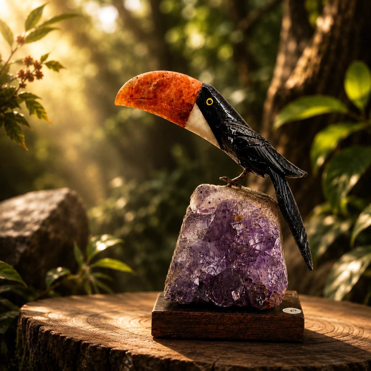 Toucan on Amethyst | Handcrafted Natural Gemstone Bird Figurine 1