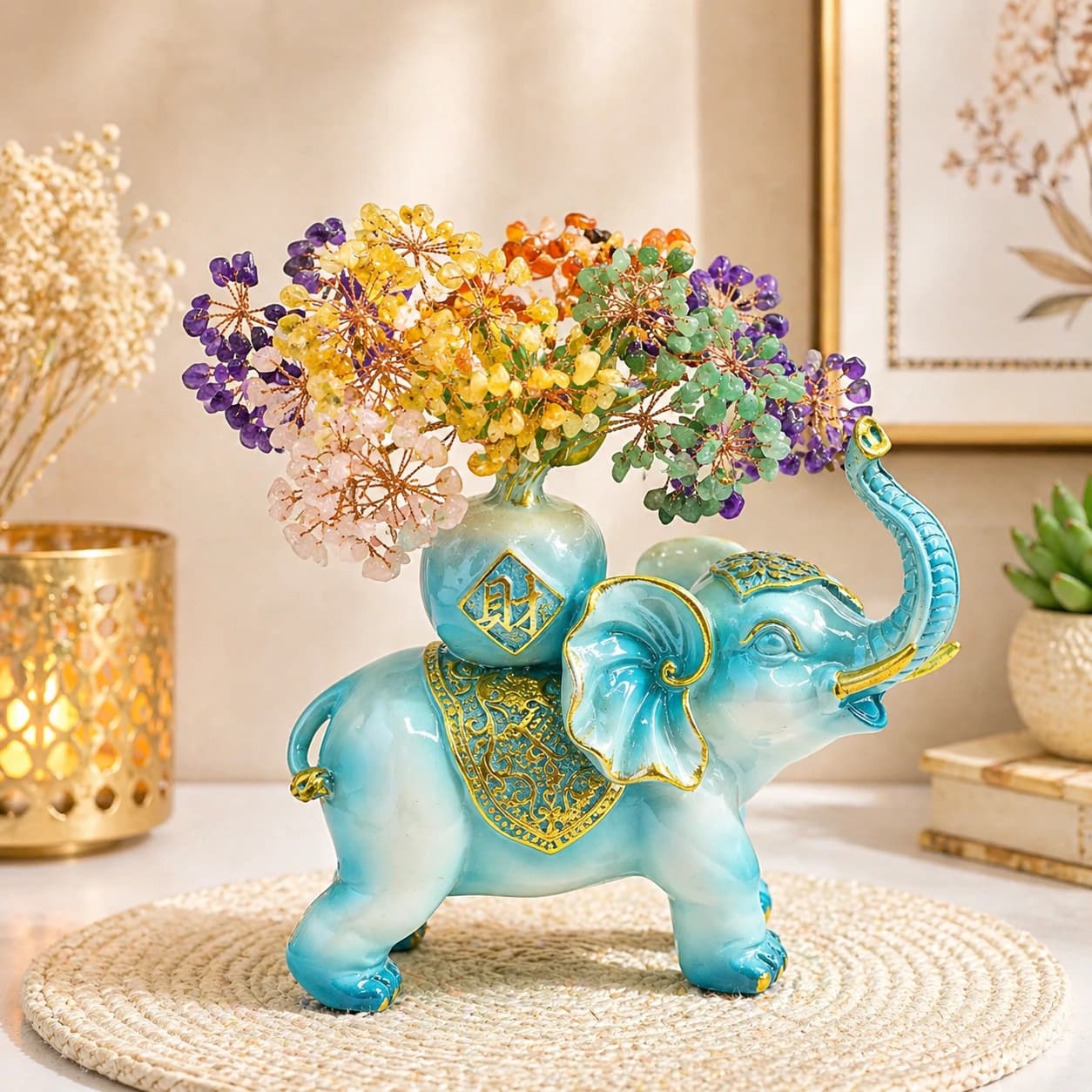Turquoise Blue Feng Shui Elephant (Trunk-Up) with 5-Stone Crystal Wealth Tree – Handcrafted Decorative Showpiece for Calm, Prosperity & Positive Energy