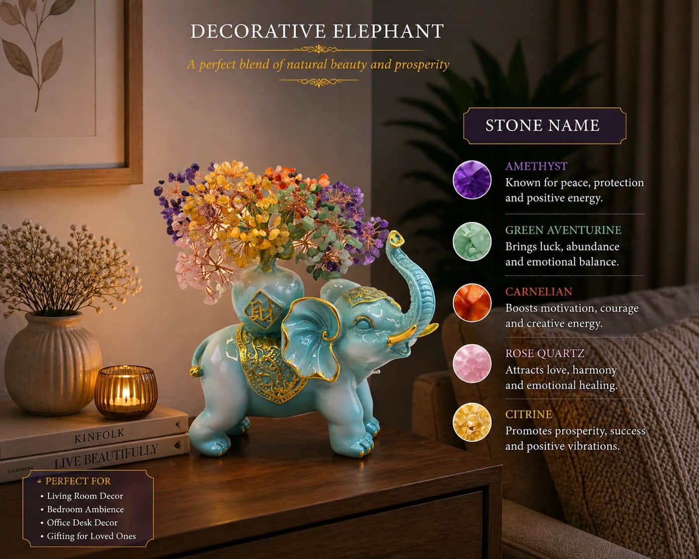 Turquoise Blue Feng Shui Elephant (Trunk-Up) with 5-Stone Crystal Wealth Tree – Handcrafted Decorative Showpiece for Calm, Prosperity & Positive Energy 2