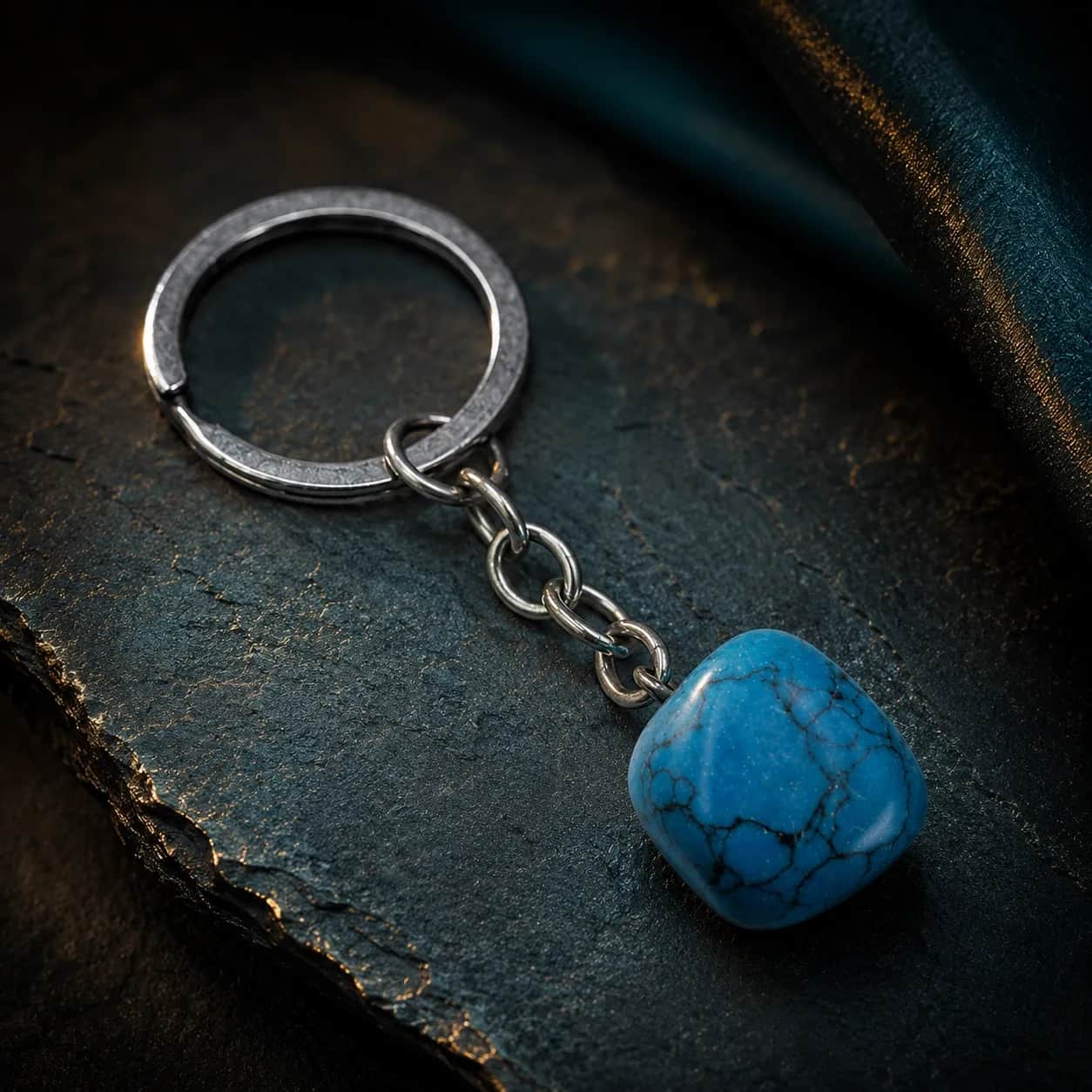 Turquoise Natural Stone Keychain with Silver-Tone Ring 1