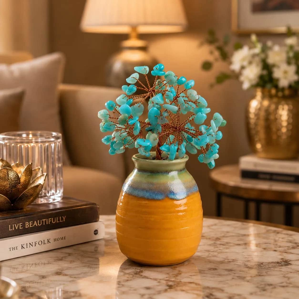 Turquoise Tree with Orange Ceramic Vase | Natural Turquoise Chip Crystal Tree | 105 Beads Handcrafted Copper Wire Gemstone Bonsai for Home Decor & Gifting 1