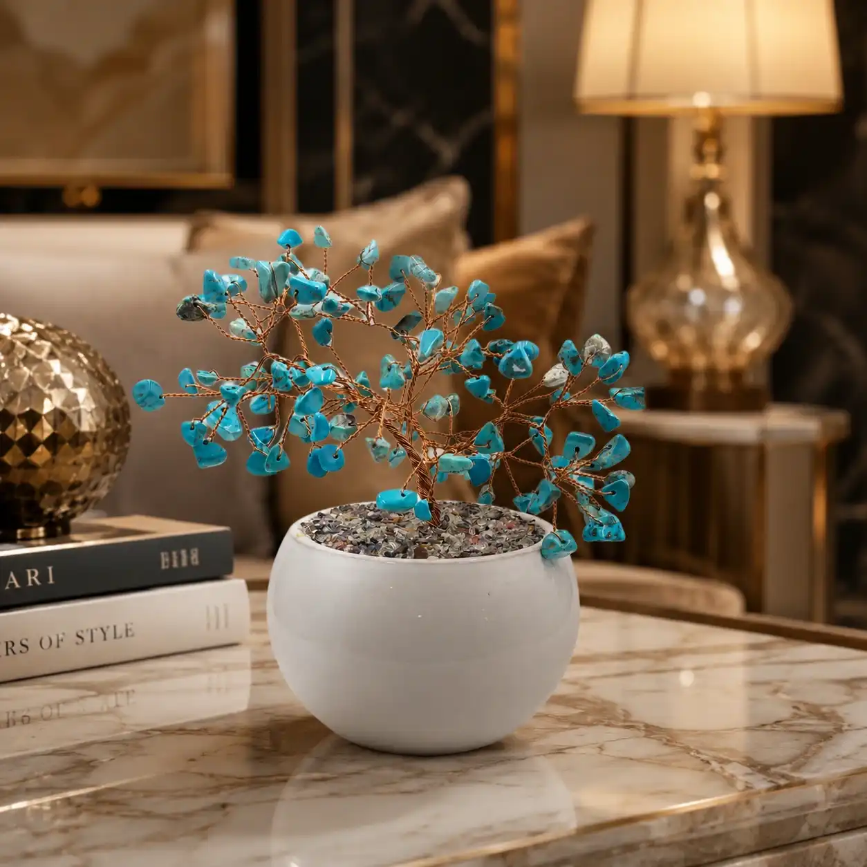 Turquoise Tree with White Ceramic Pot | Handcrafted Crystal Tree Decor | Natural Turquoise Chips & Copper Wire Branches | Luxury Home Decor Gift 1